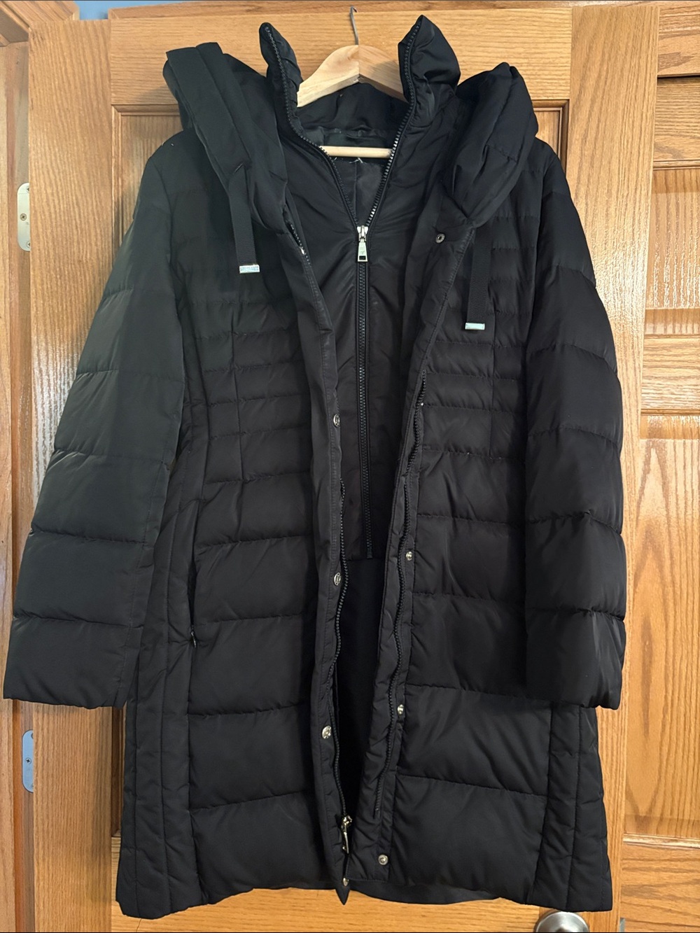 Tahari Black Quilted Long Puffer Coat with Hood